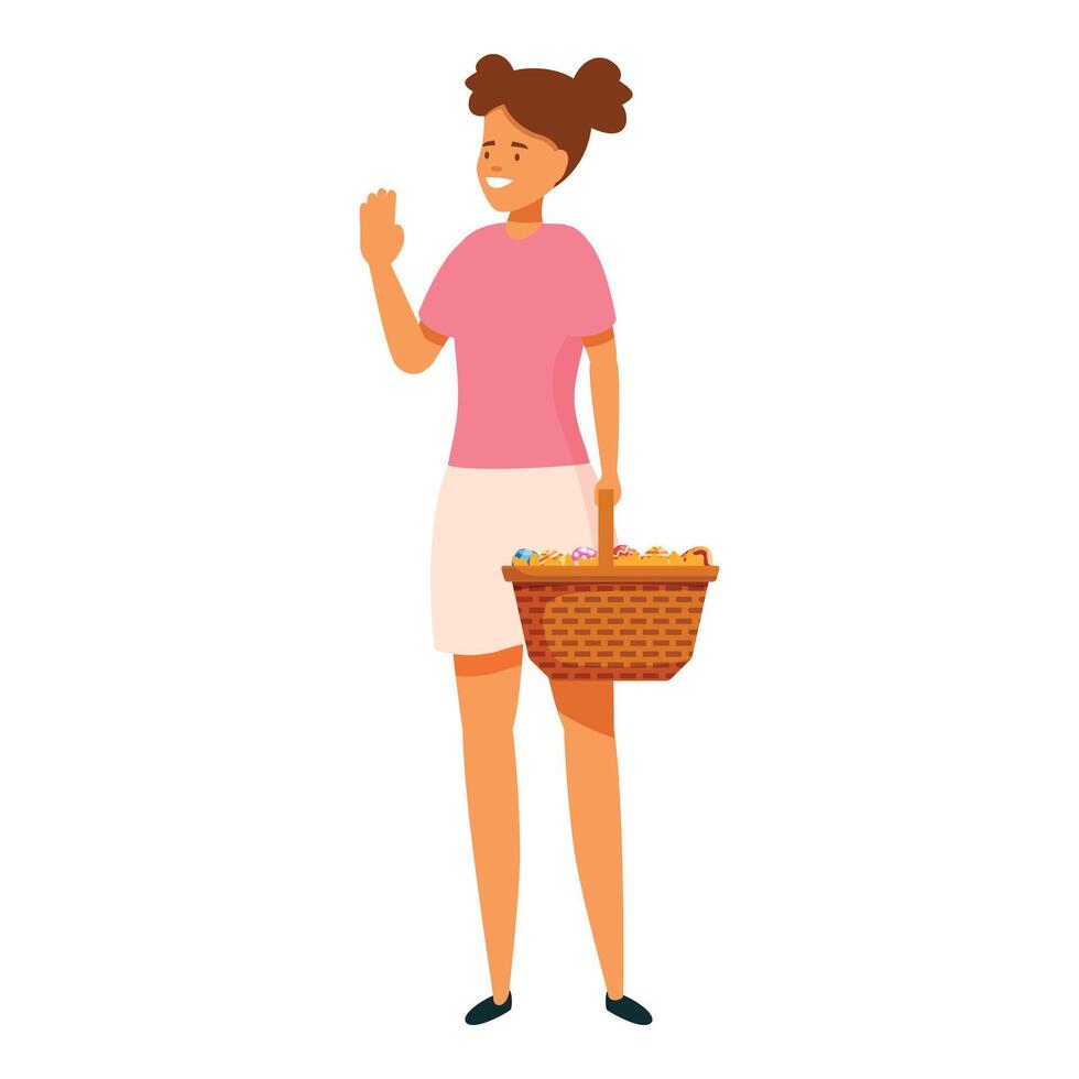 Happy young woman holding basket full of easter eggs waving with hand vector