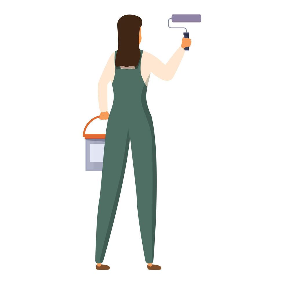 Female painter holding paint roller and bucket, rear view vector