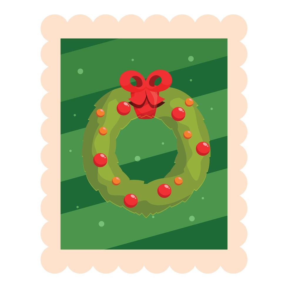 Christmas wreath with red bow on postage stamp design vector