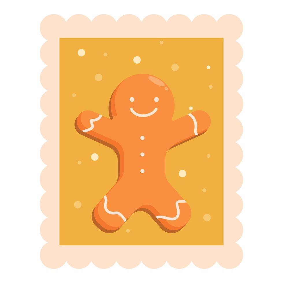 Cute smiling gingerbread man celebrating christmas on a postage stamp vector