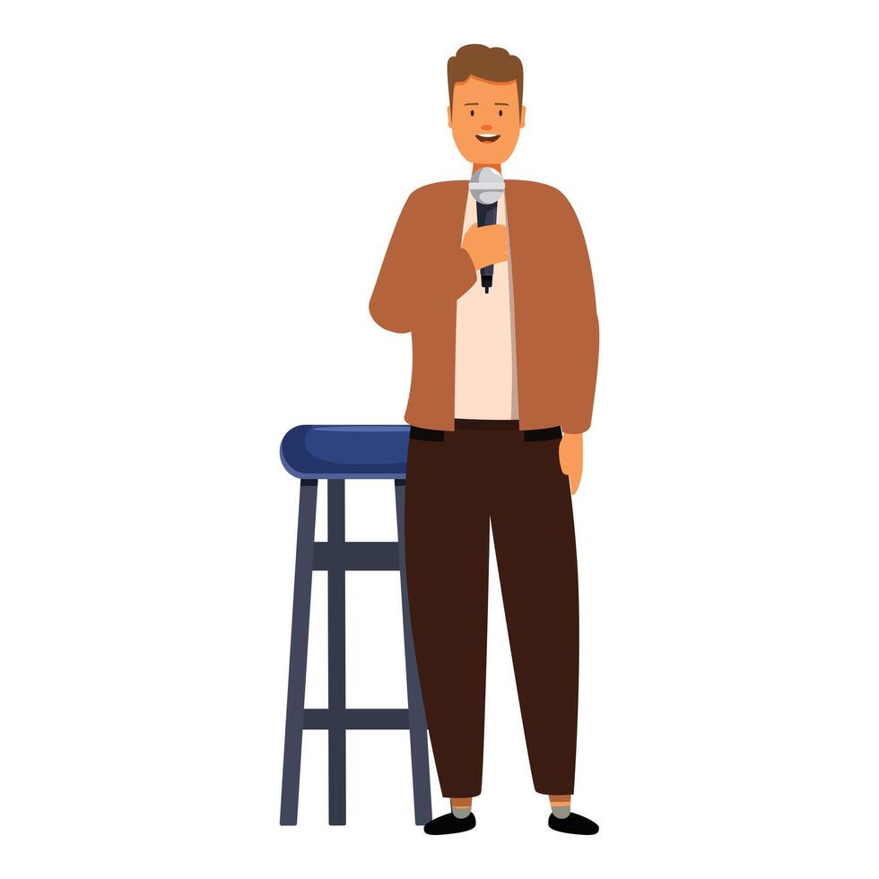 Cartoon male character is talking on stage using microphone vector