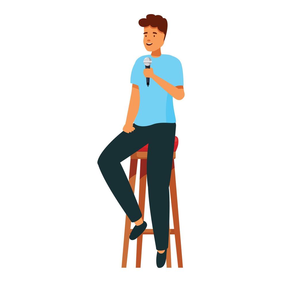Young man sitting on a high chair is giving a speech using a microphone vector