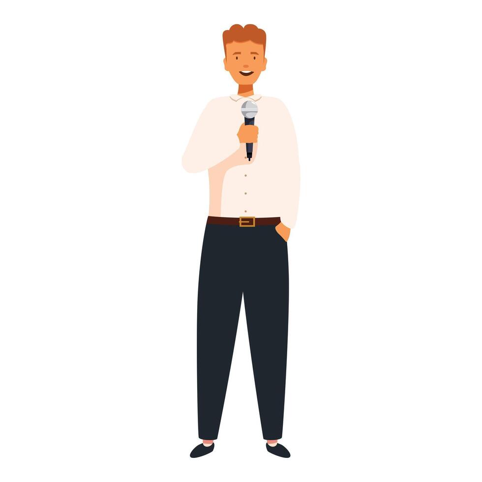 Confident public speaker holding microphone addressing audience vector
