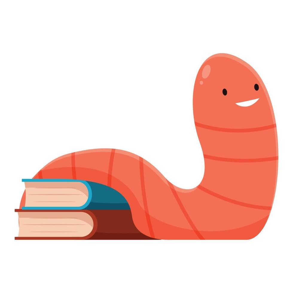 Happy worm reading a stack of books cartoon illustration vector