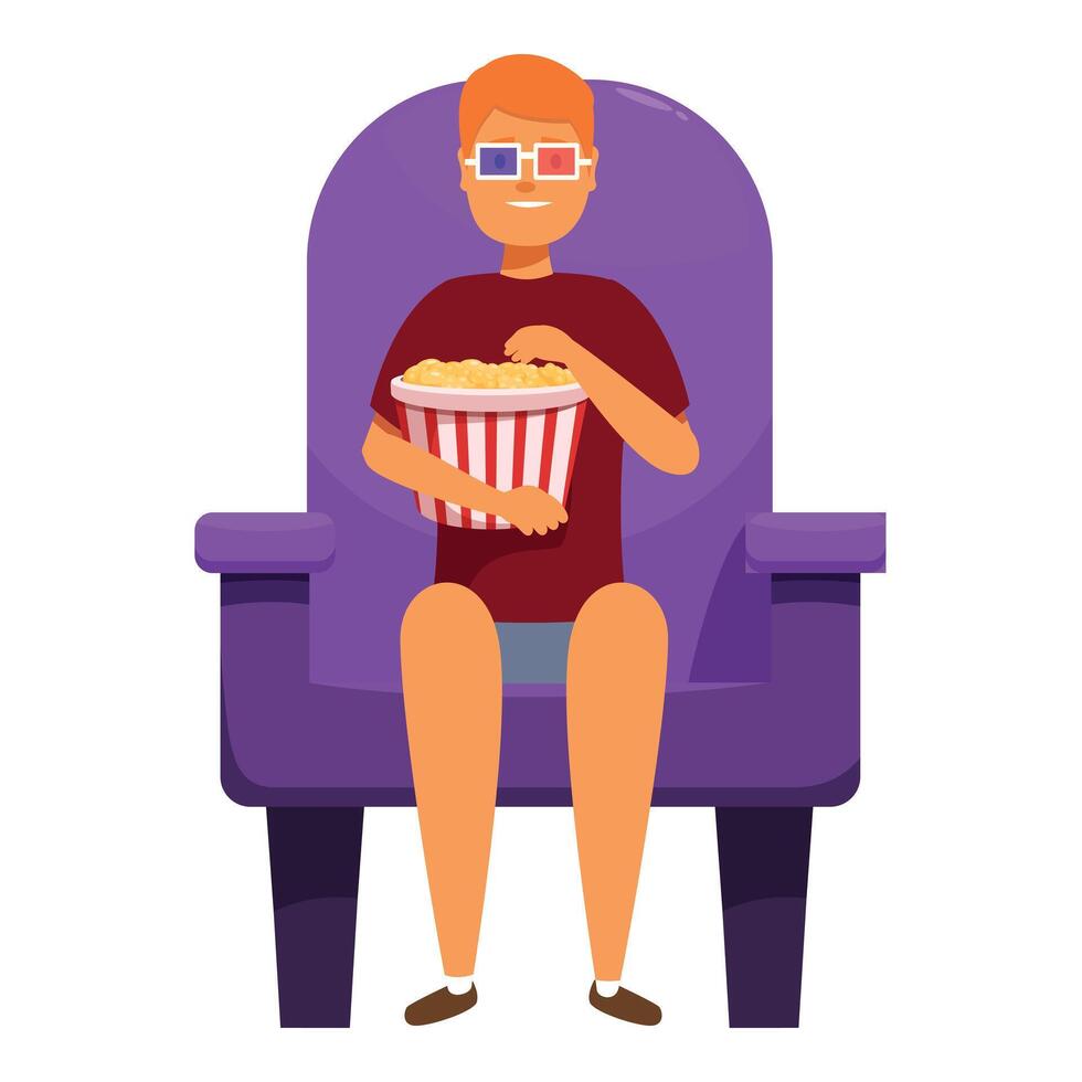Young man wearing 3d glasses enjoying movie and eating popcorn vector