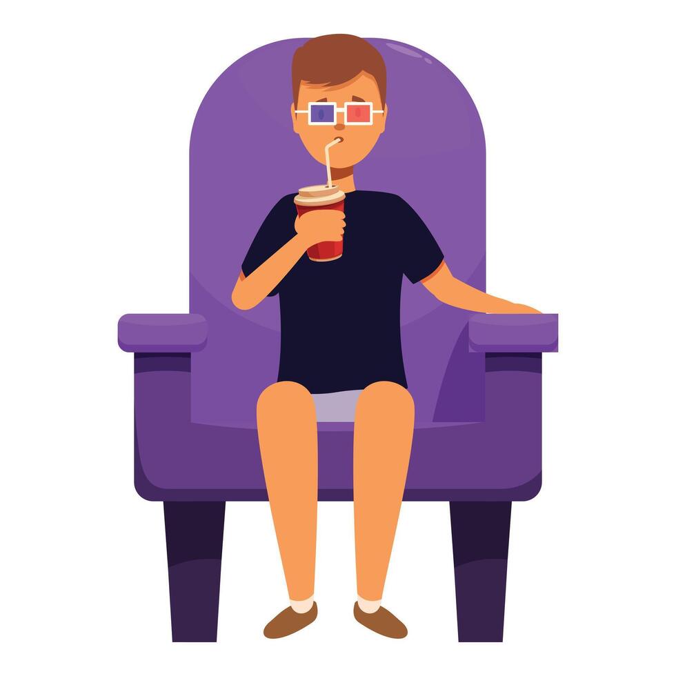 Young man wearing 3d glasses enjoying movie and drinking soda vector