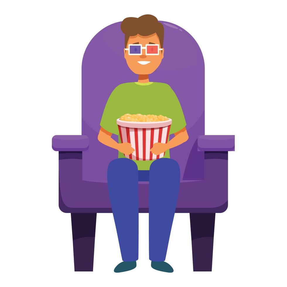 Young man watching 3d movie with popcorn bucket in cinema vector