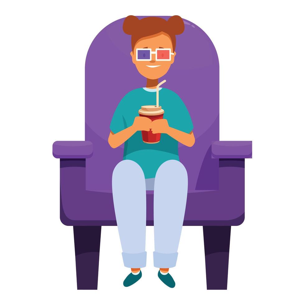 Young girl watching 3d movie holding soda in cinema theater vector