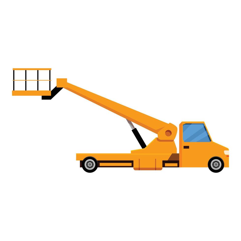 Yellow aerial work platform truck extending crane arm vector