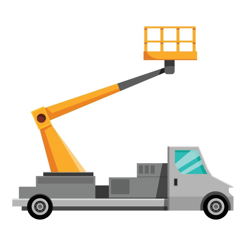 Yellow cherry picker truck lifting its telescopic arm vector