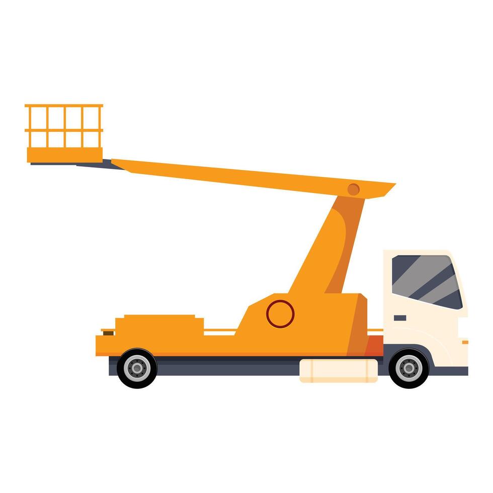 Yellow aerial work platform truck extending crane arm side view vector