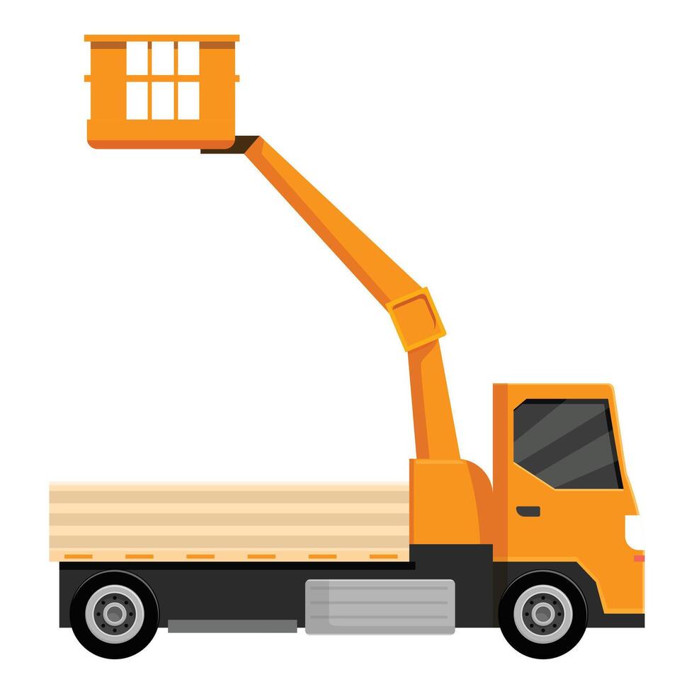 Orange elevated cherry picker truck lifting its arm upwards vector