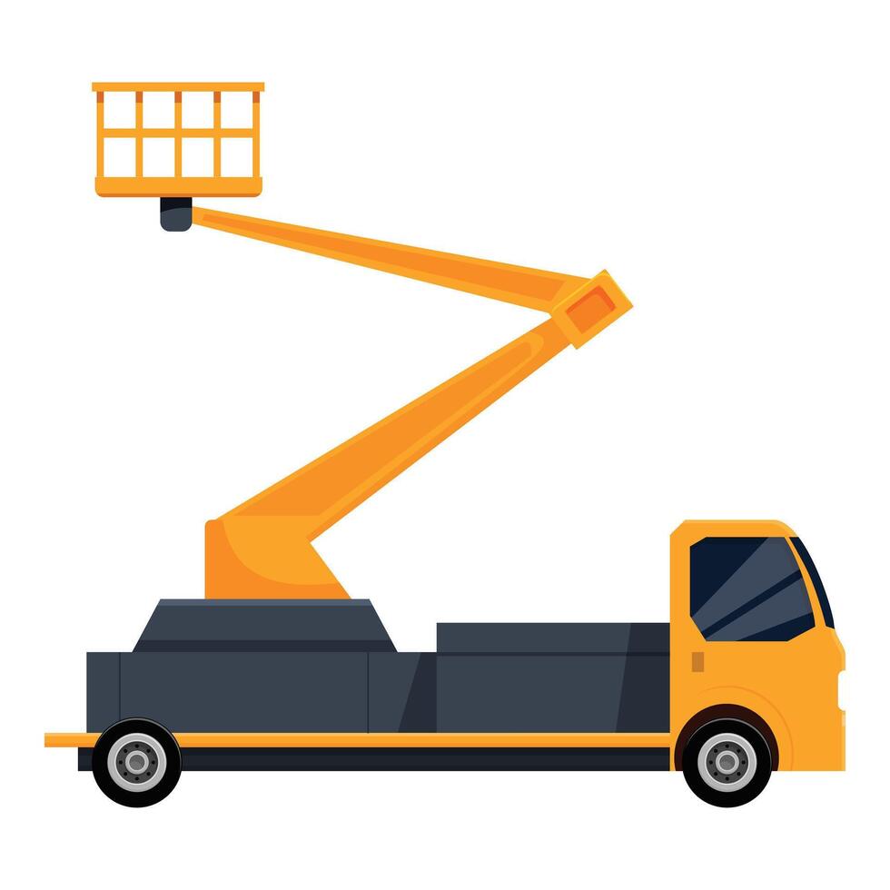 Yellow cherry picker truck lifting construction cradle platform vector