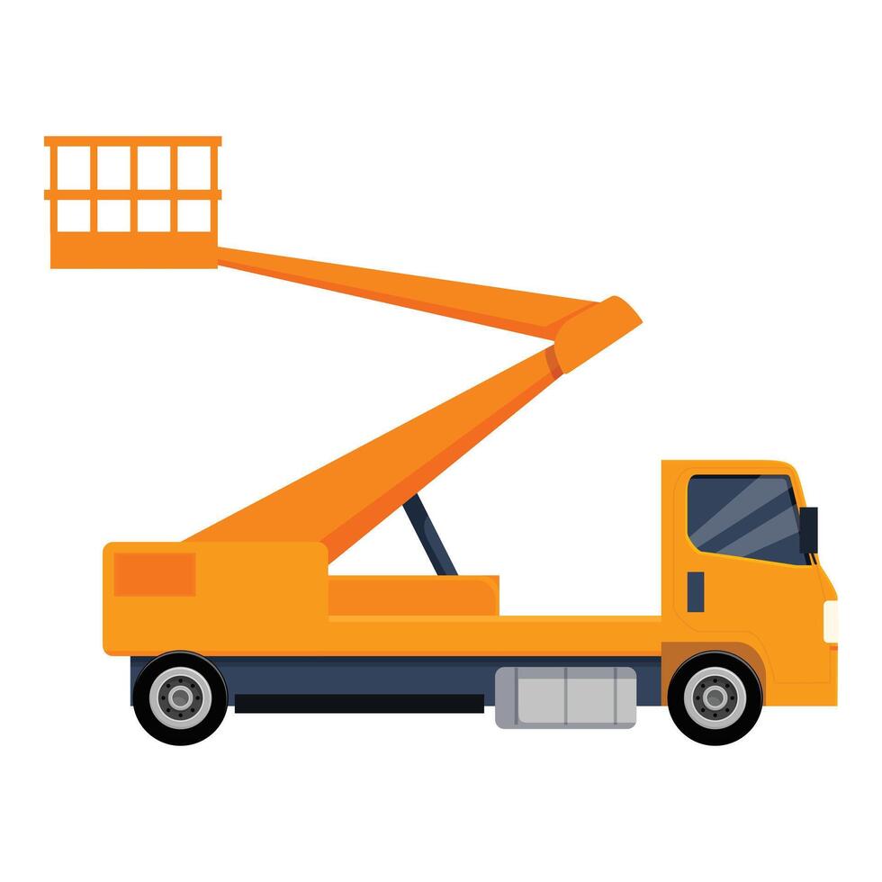 Orange cherry picker truck extending its arm upwards vector