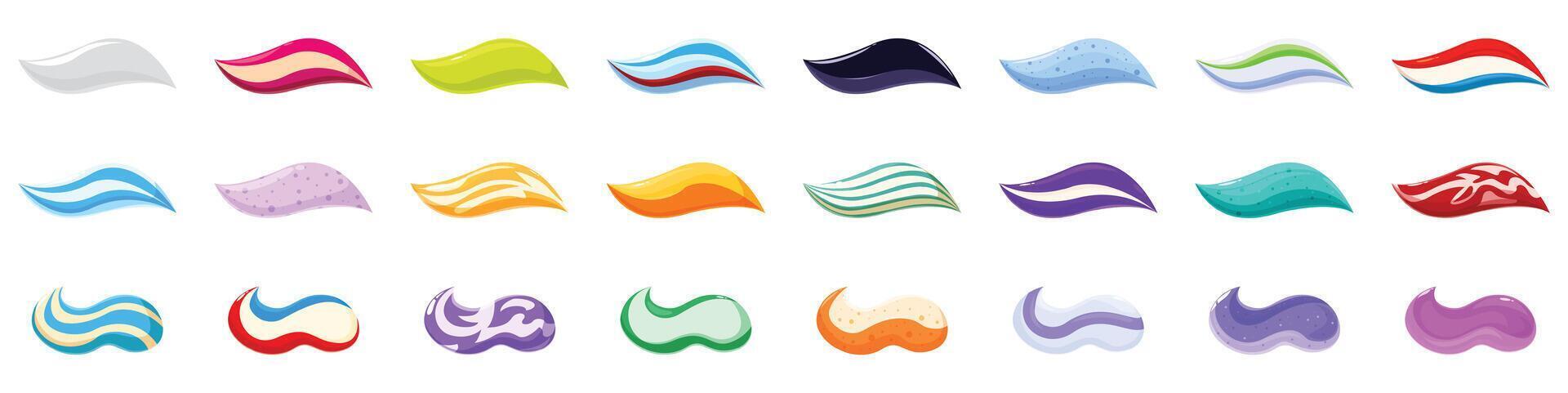 Toothpaste smear icons set. Colorful toothpaste smears isolated on white background showing different flavors vector