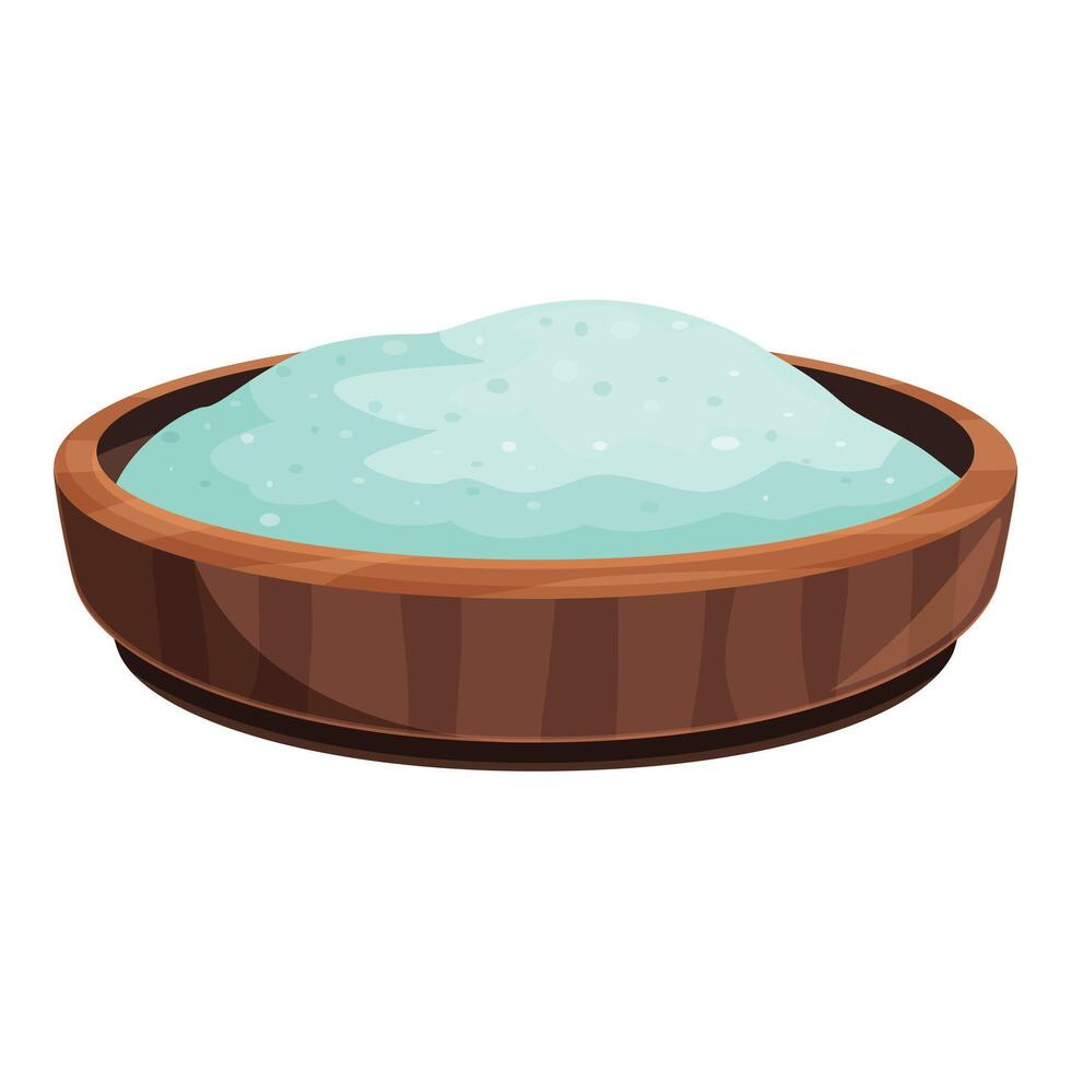 Wooden bowl filled with turquoise blue bath salt crystals for spa treatment vector