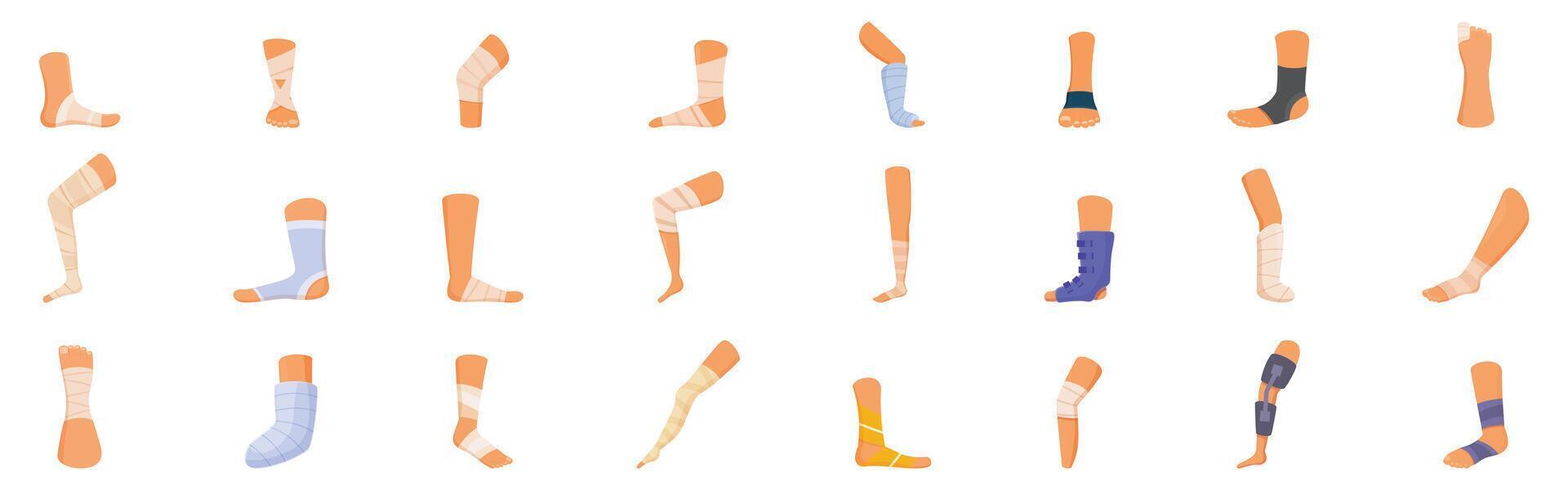 Foot bandage icons set. Collection of injured legs showing various bandages and orthopaedic equipment vector