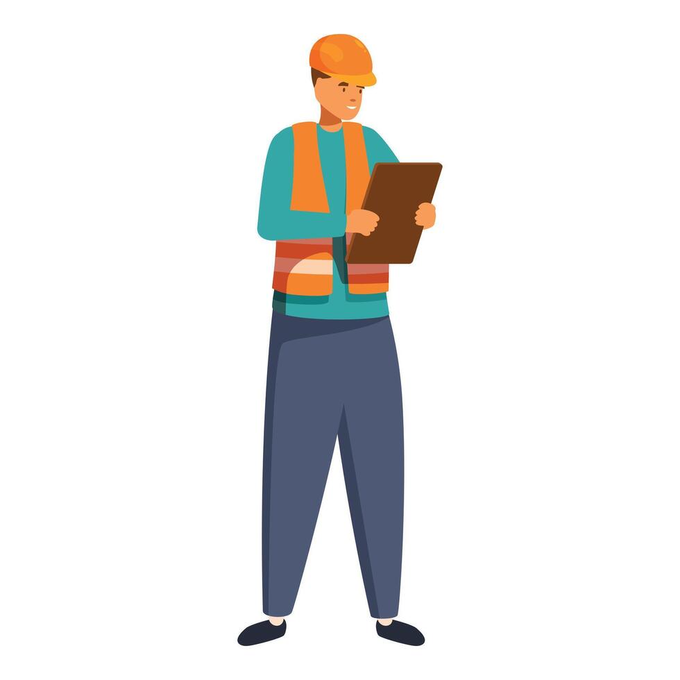 Construction manager holding clipboard checking building progress vector