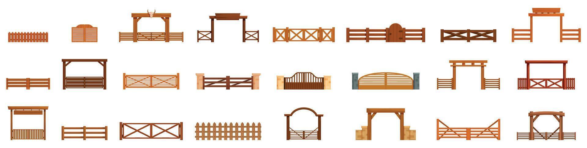 Ranch gate icons set. Set of different fences for ranch or farm presenting wooden barriers for rural areas vector