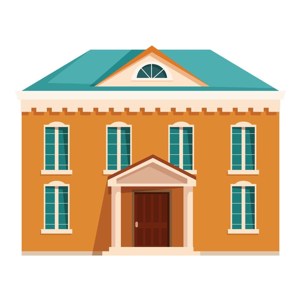 Big orange house with columns and porch having many windows and turquoise roof illustration vector