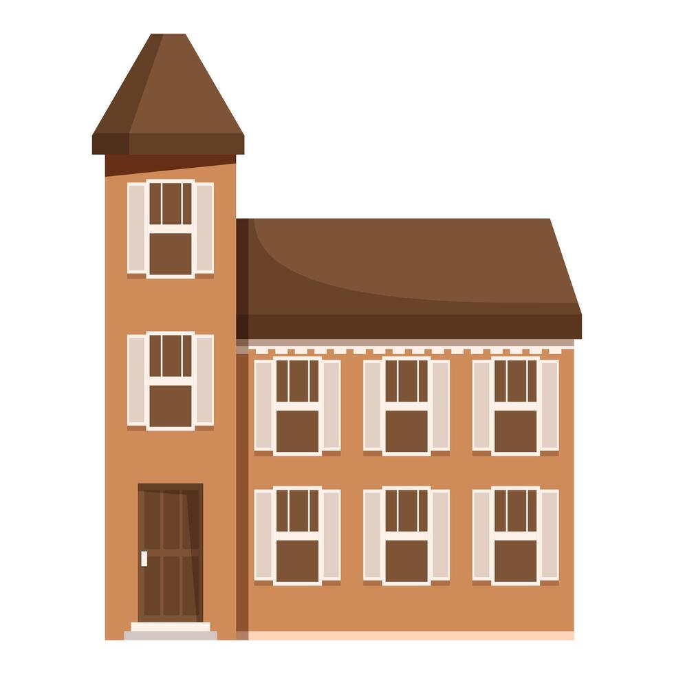 Brown brick house with white window shutters and towering rooftop vector