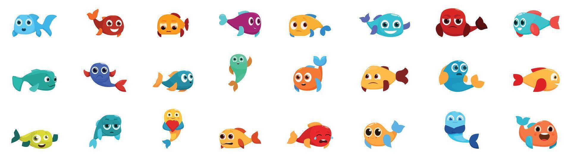 Fish character emotions icons set. Cute cartoon fish showing different emotions vector set