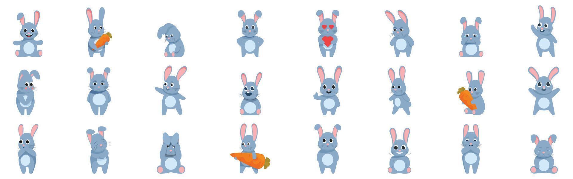 Rabbit character emotions icons set. Set of cute cartoon grey bunny rabbits with different emotions and poses holding carrots vector