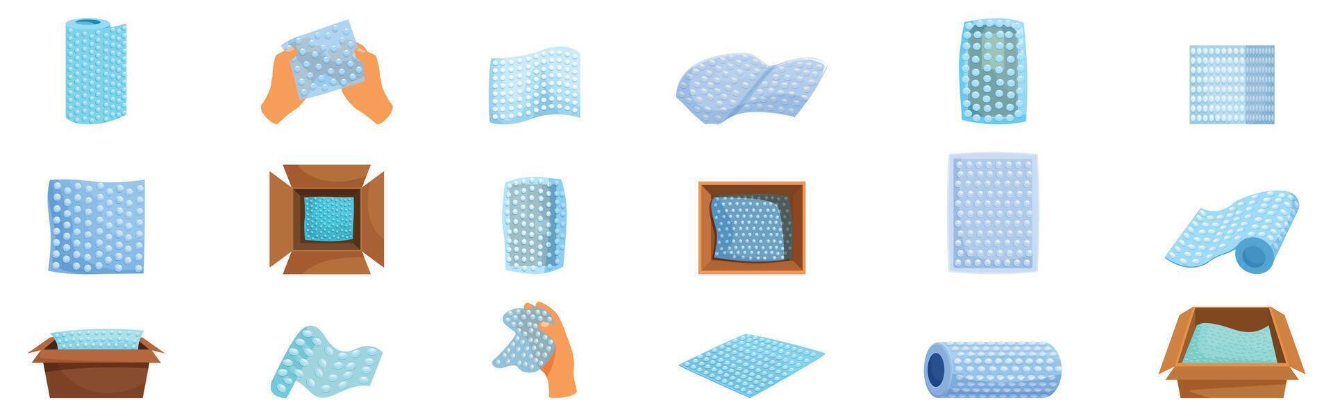 Bubble wrap package icons set. Warehouse worker packing fragile goods using bubble wrap for safe shipping vector