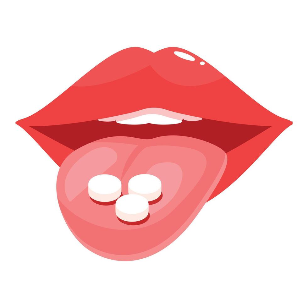 Woman taking medicine pills holding on tongue with open mouth vector