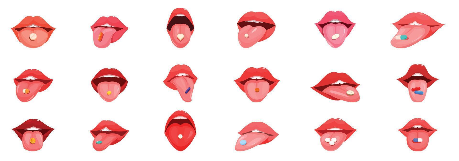 Pill tongue icons set. Collection of female mouths showing tongue with pill on it vector