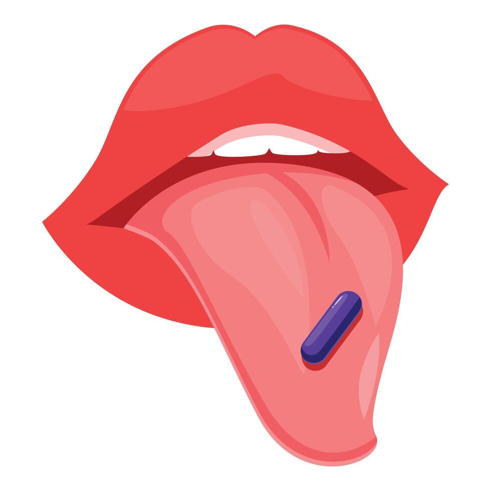 Closeup of female mouth taking blue pill with tongue vector