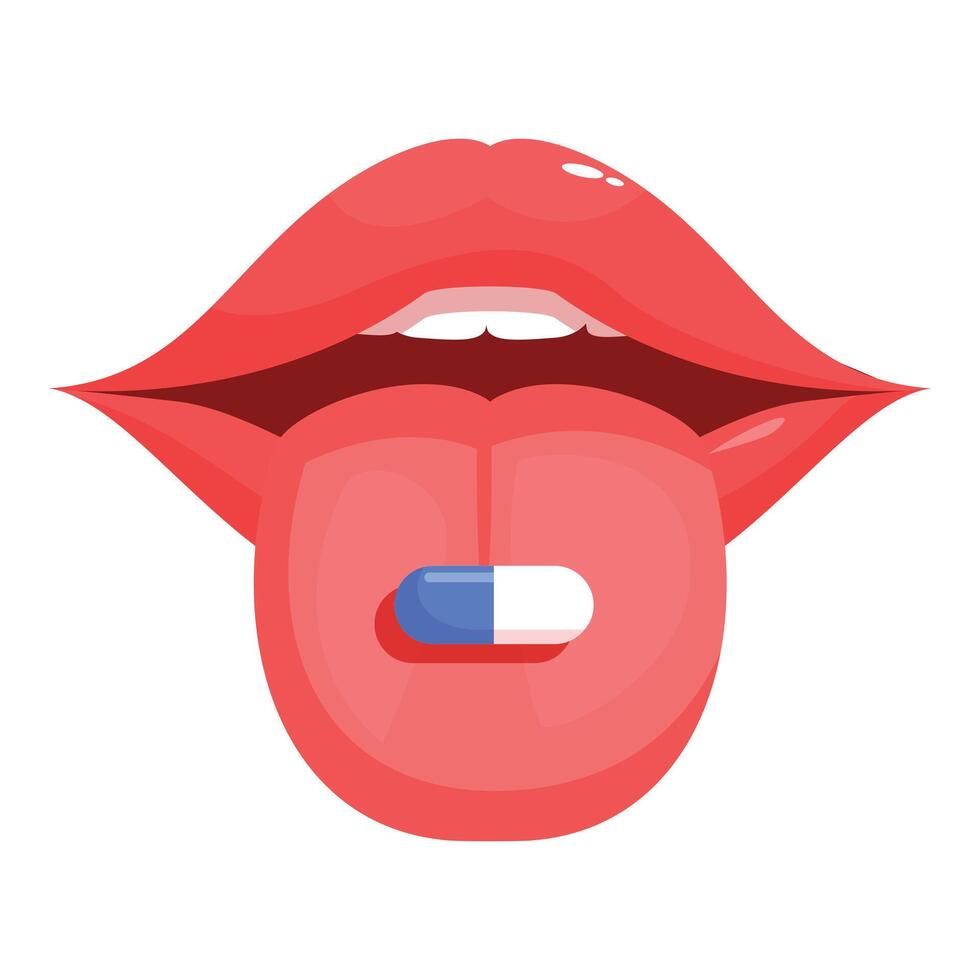 Woman putting pill on tongue with open mouth showing teeth vector