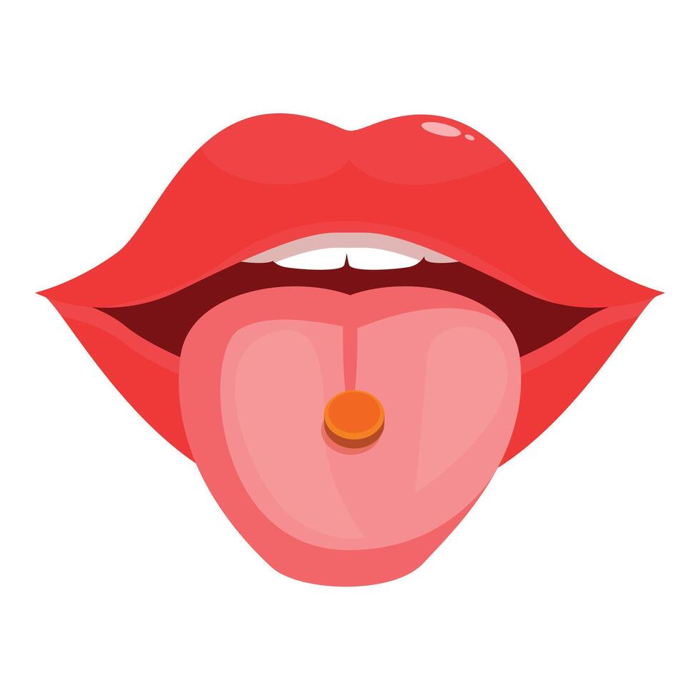 Woman taking pill showing tongue with medicine on it vector