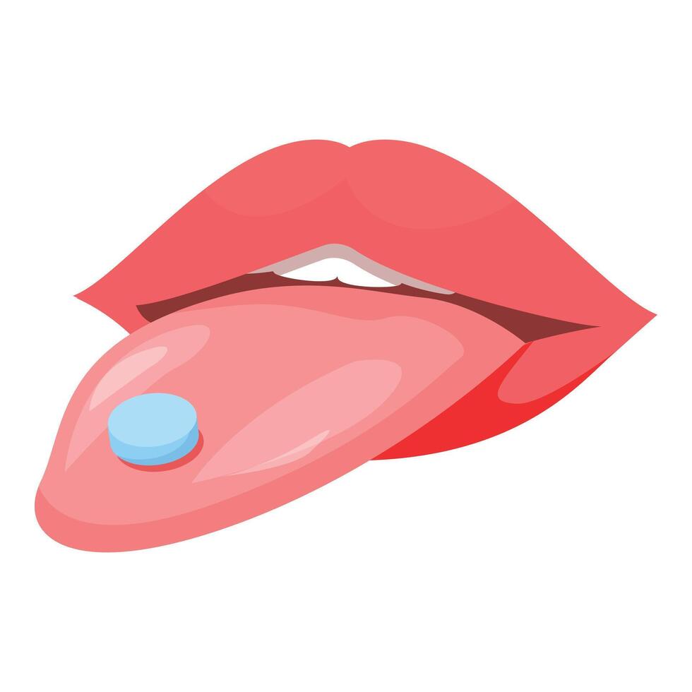 Woman with red lips taking blue pill with tongue out vector