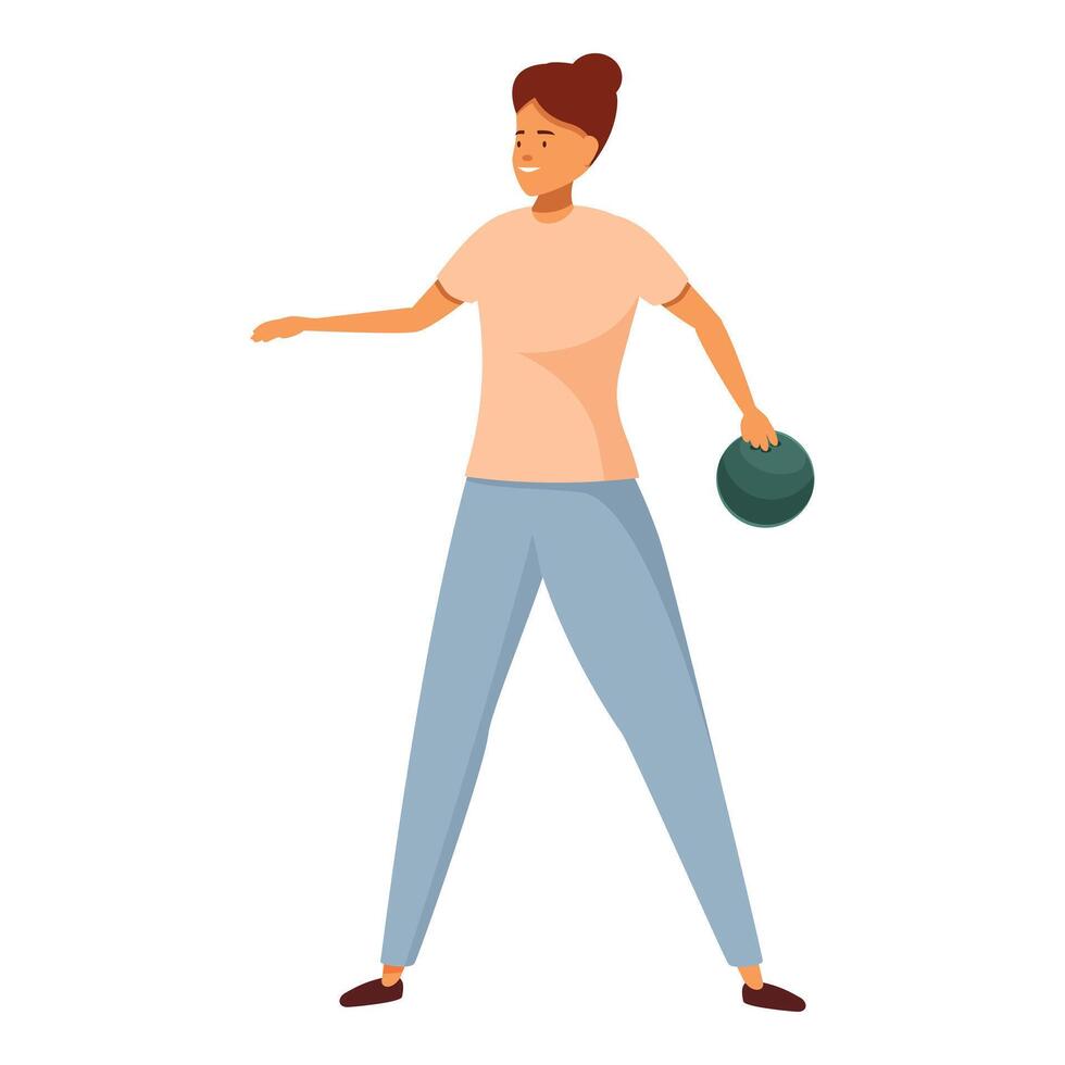 Young woman is holding a bowling ball and getting ready to throw it vector