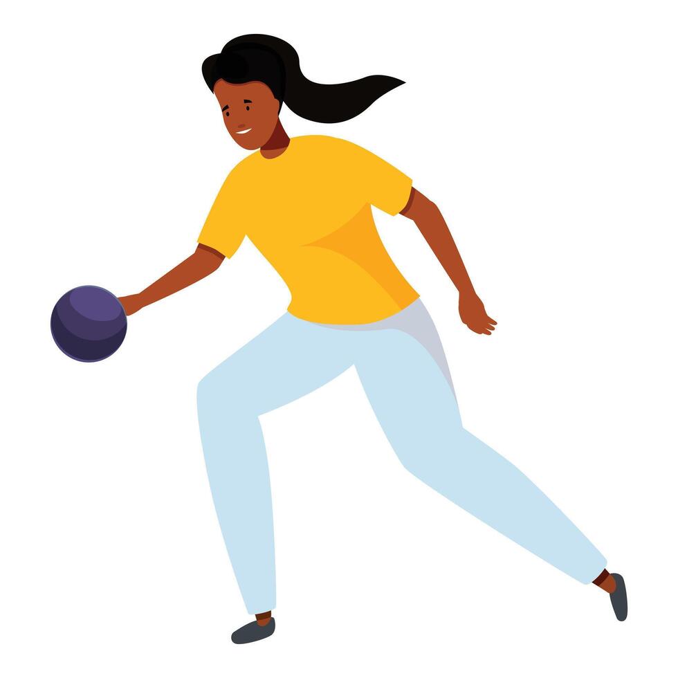 Young woman throwing bowling ball during game at alley vector