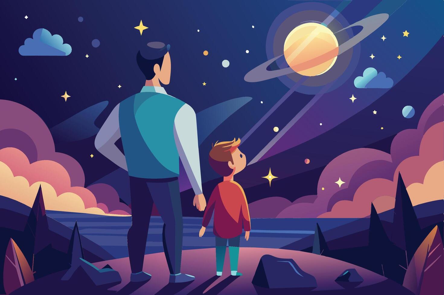 A father and son marvel at the beauty of Saturn under a starry night sky in a serene landscape vector