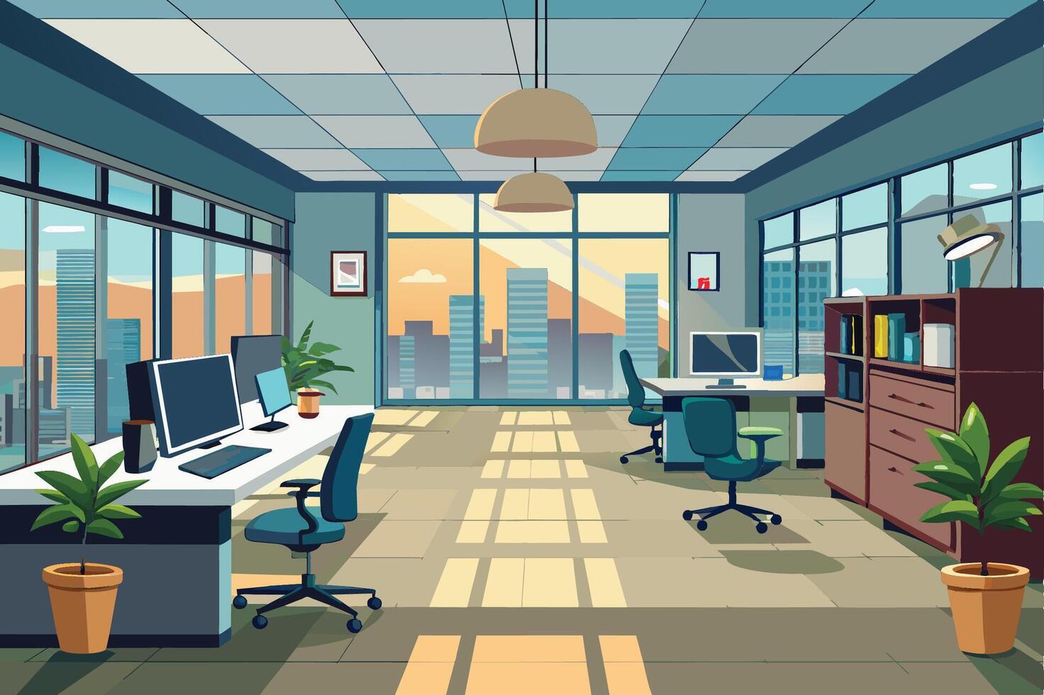 Modern office interior design with large windows, city skyline views, and natural lighting during sunset hours vector