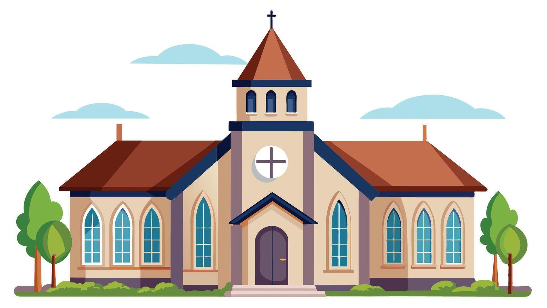 A beautiful church with tall stained-glass windows surrounded by green trees on a sunny day vector