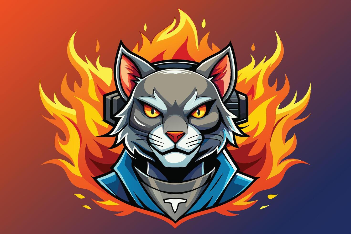 Stylized gray cat with headphones surrounded by vibrant flames in a bold digital art design vector