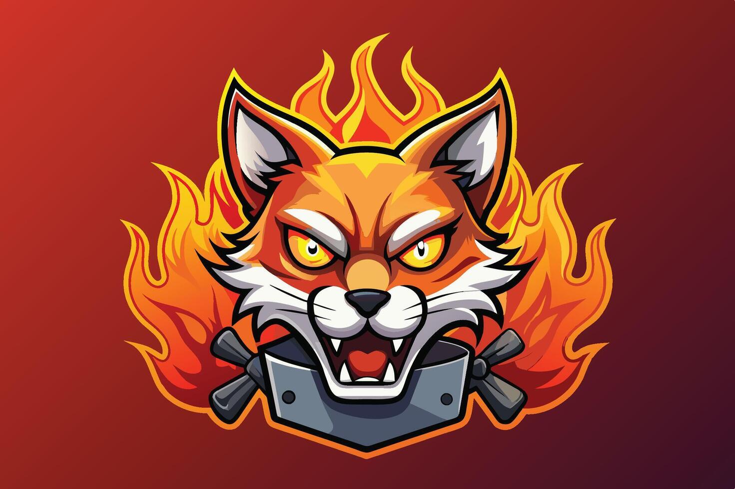 Fierce cartoon fox illustration with flames and aggressive expression featuring crossed bones vector