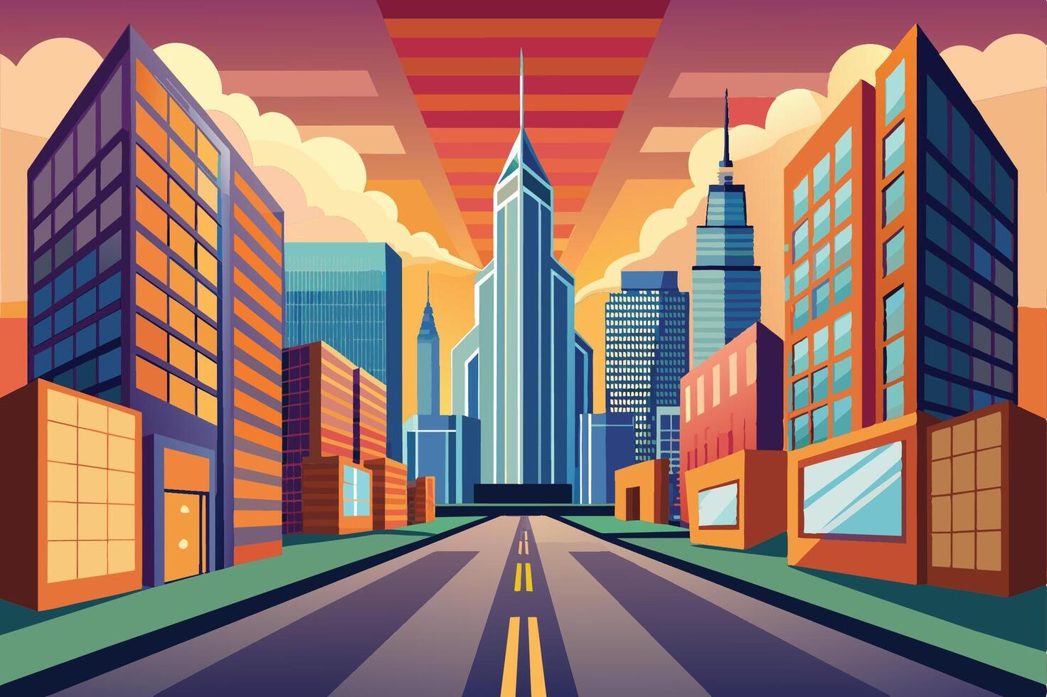 A vibrant city skyline at sunset with colorful buildings lining the street, showcasing modern architecture in an urban setting vector