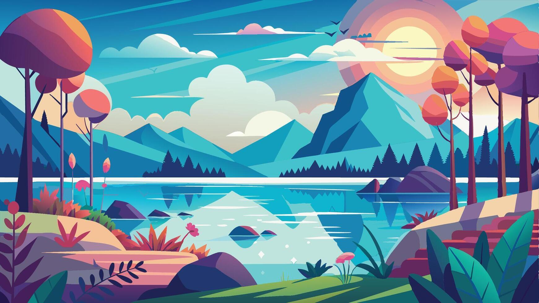 Vibrant landscape featuring a serene lake surrounded by mountains and colorful trees during a bright sunny day vector
