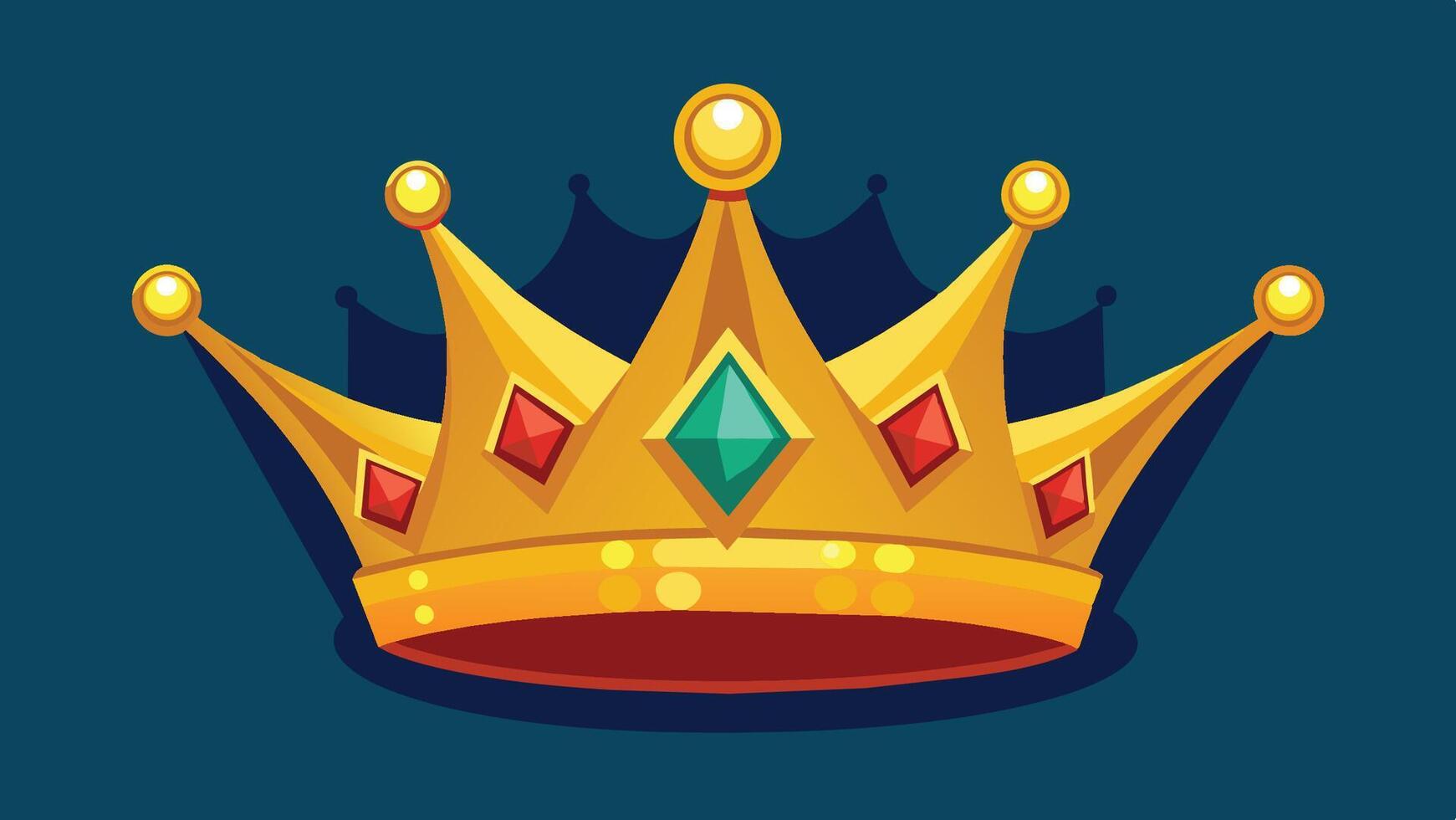 A golden crown adorned with red jewels and a green diamond set against a blue background, symbolizing royalty and power vector