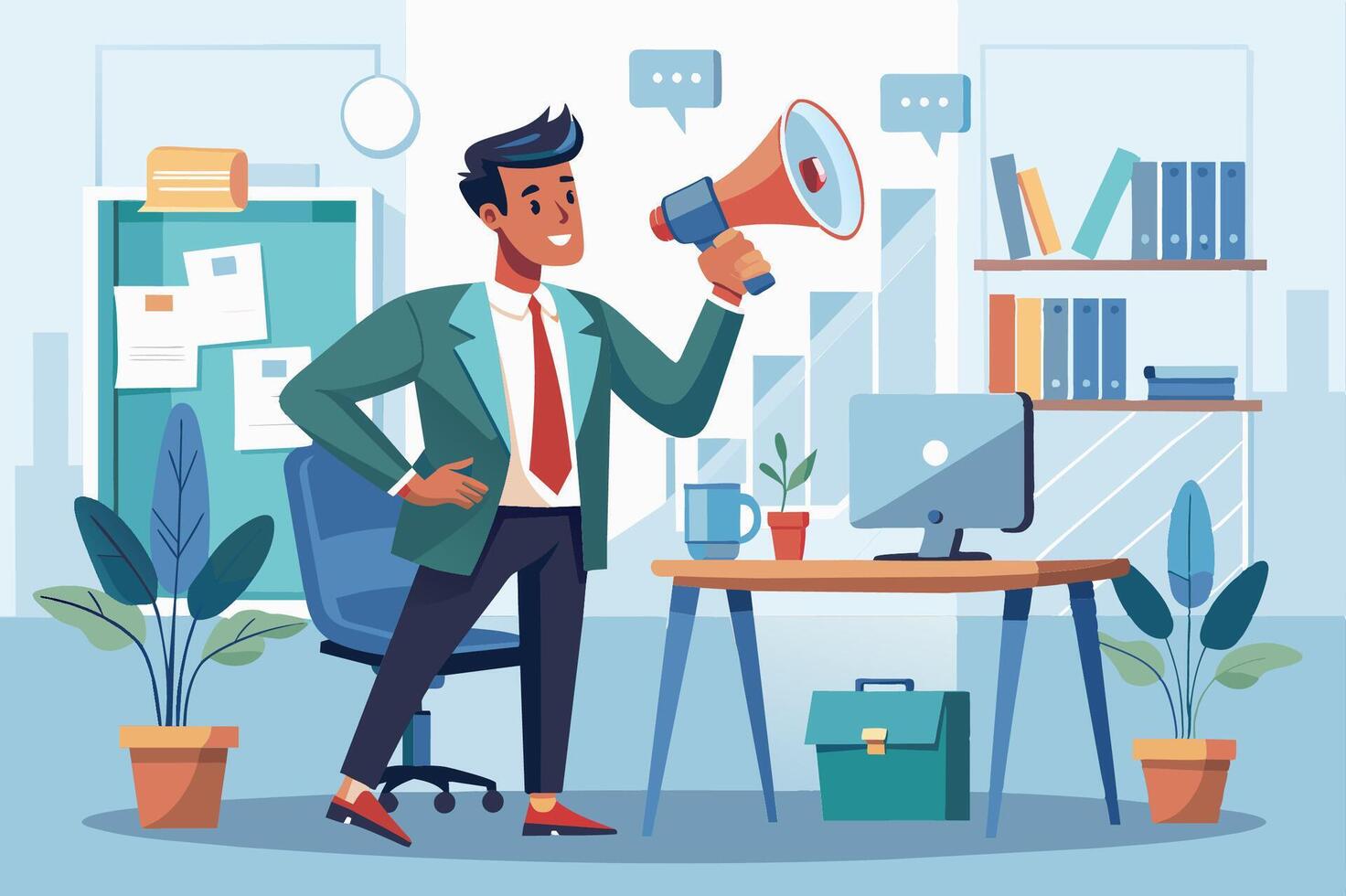 A young professional in a green jacket using a megaphone to communicate in a modern office with plants and a computer vector