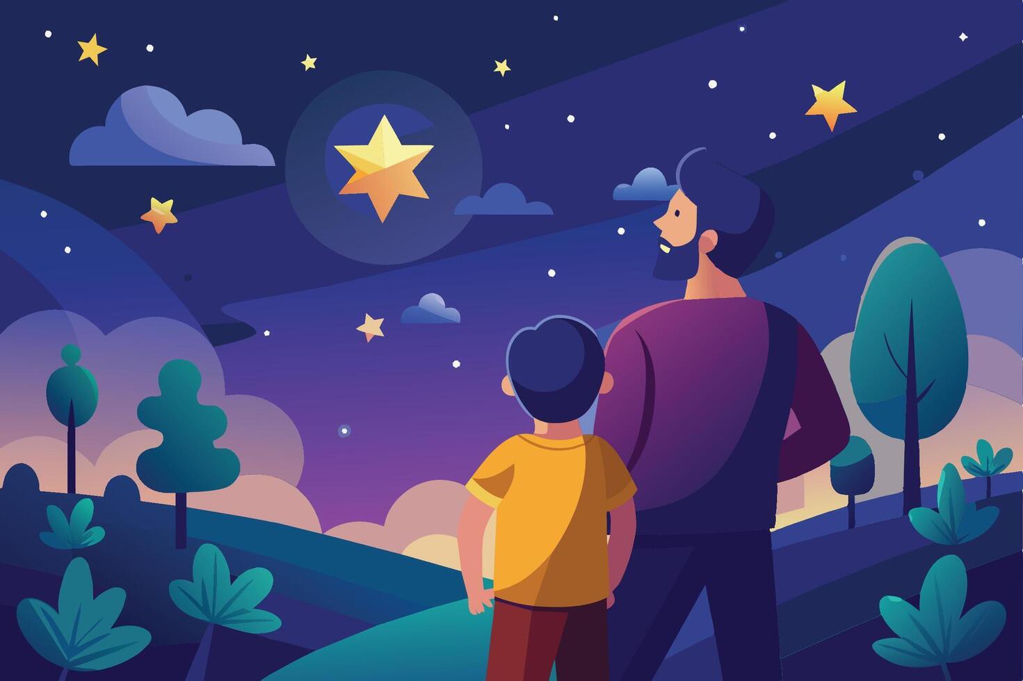 A father and son stargazing together at night under a sky filled with stars and clouds in a serene natural setting vector