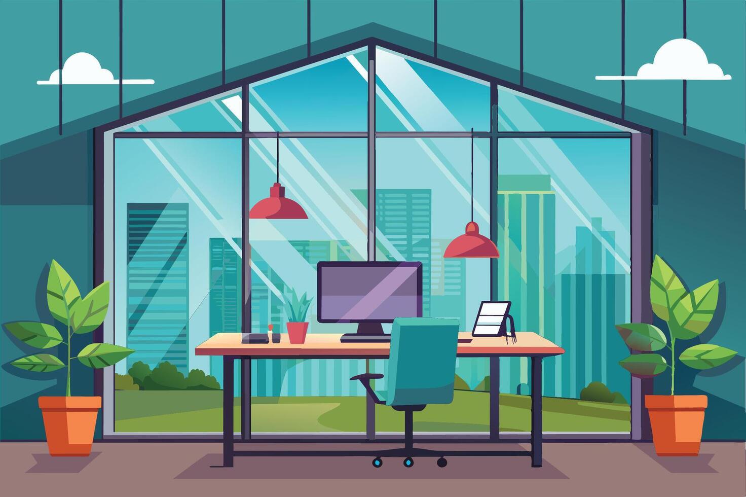 Modern office workspace with large windows showcasing cityscape and greenery during daytime vector