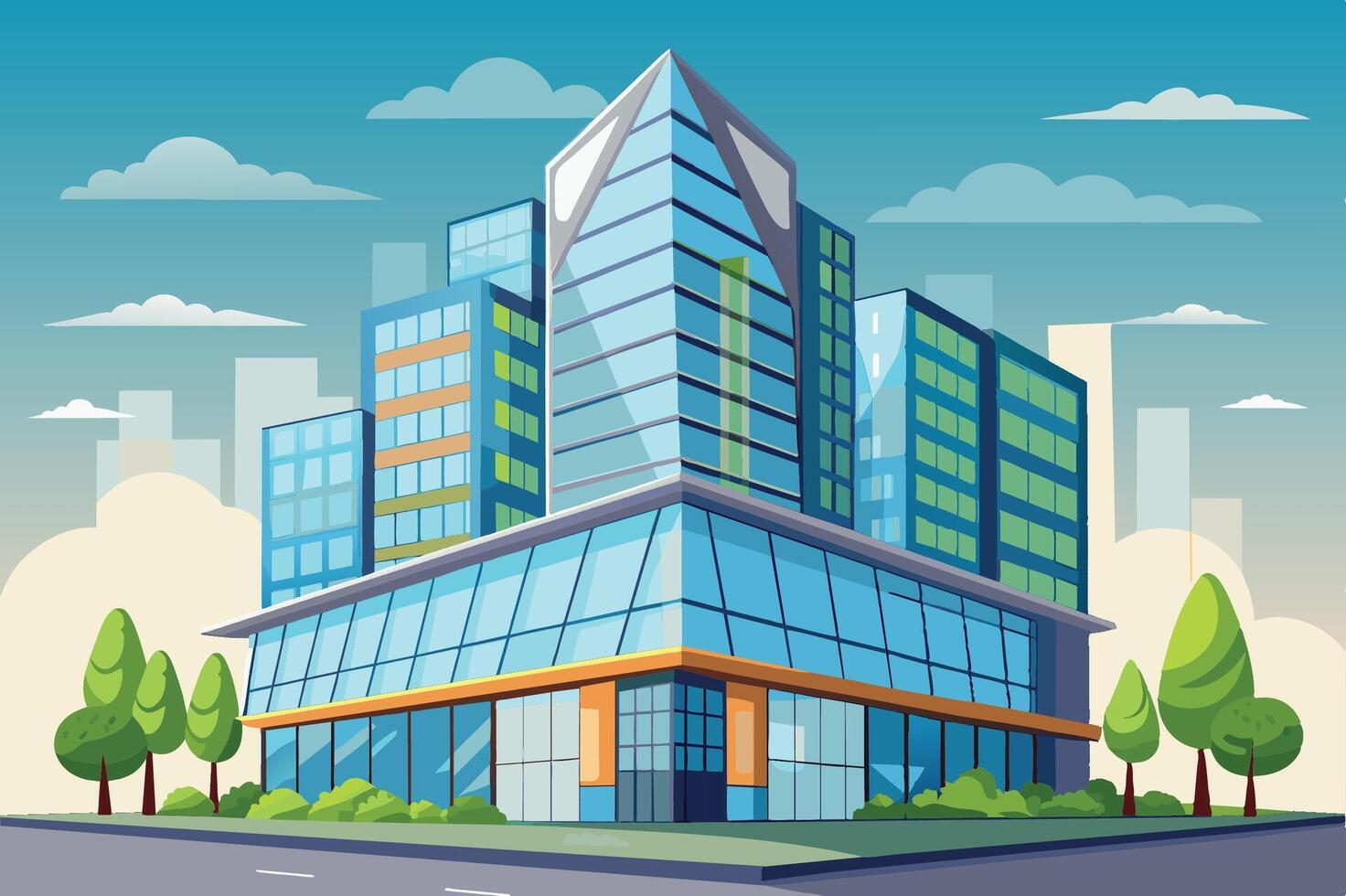 Modern commercial building with green elements and blue glass facade on a sunny day in an urban setting with future skyline backdrop vector