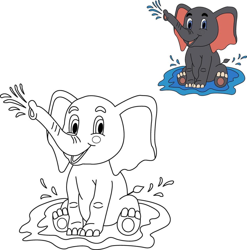 Baby elephant playing in puddle for coloring book vector