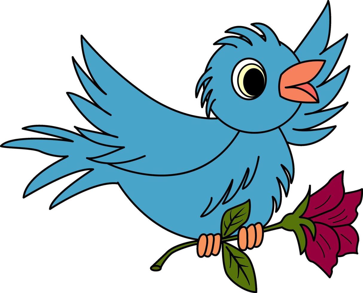 Cartoon sparrow with a flower. Illustration of a flying bird with a flower vector